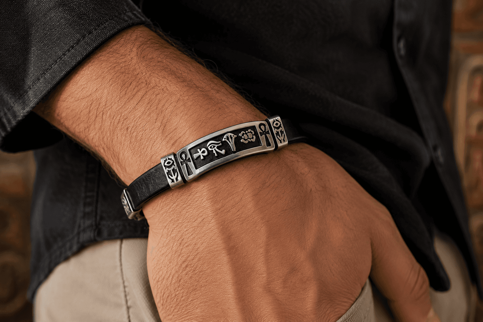 A hand-cast silver hieroglyph bracelet, worn on the wrist